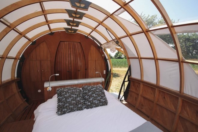 Mr Plocq's Caballon, Loire river estuary, Aurélie Poirrier, Igor-Vassili Pouchkarevtch-Dragoche, Vincent O’Connor, pod living, pod cabins, pod getways france, wooden pods, off grid retreats, off grid pods, camping pods, Émile Plocq, bird watching pods, movable housing, Loirestua, wooden pods, bird watching, off grid wooden pods