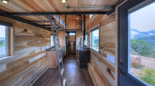 Pemberly trailer, tiny house, mobile home, trailer, Rocky Mountain Tiny Houses, green architecture, small spaces, LED lights, appliances, wood-burning stove, wooden lovers, Colorado