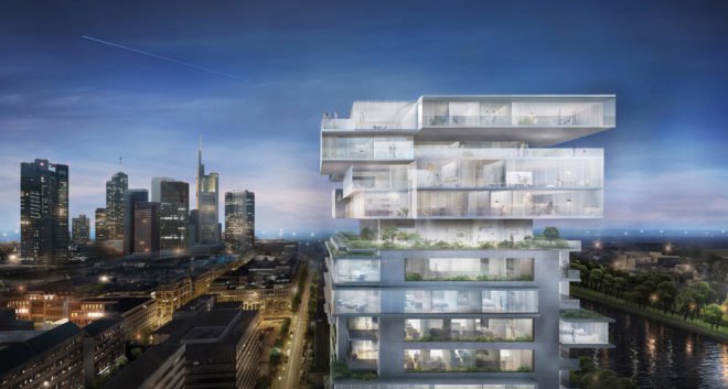 Riverpark Tower , modular architecture, residential tower, Frankfurt, Ole Scheeren, Buro Ole Scheeren, glass tower, green architecture, real estate, loft, Germany