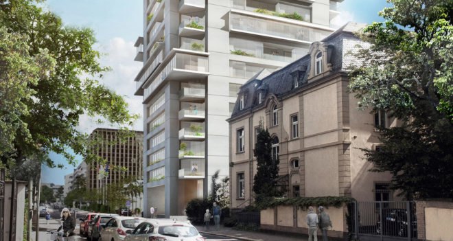 Riverpark Tower , modular architecture, residential tower, Frankfurt, Ole Scheeren, Buro Ole Scheeren, glass tower, green architecture, real estate, loft, Germany