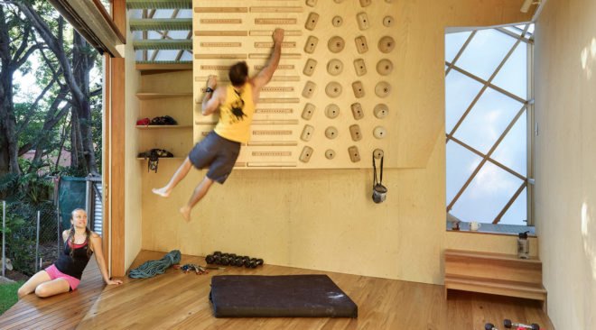 Taringa Treehouse, Phorm Architecture + Design, treehouse, Brisbane, climbing wall, Australia, green architecture, green extension, house extension, metal facade, sliding walls, glass walls