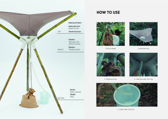 2017 Golden Pin Concept Design Award, AQUAIR by National Cheng Kung University students, fog harvesting collection, fog harvesting portable device, portable water collection system, centrifugal water collection