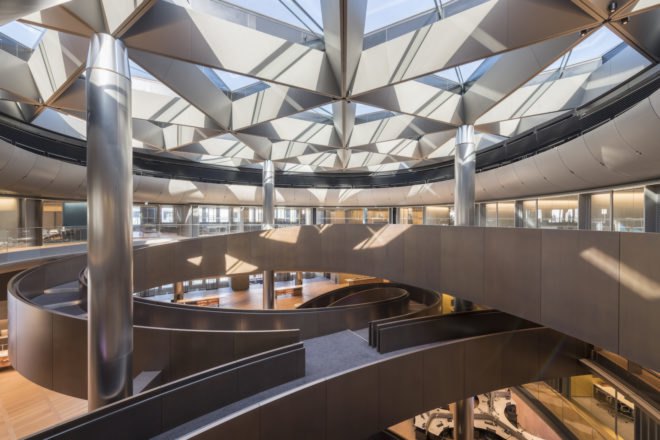 Bloomberg London HQ by Foster + Partners, London Bloomberg office, BREEAM Outstanding architecture, BREEAM Outstanding offices, sandstone and bronze architecture, sustainable office design, world’s most sustainable office