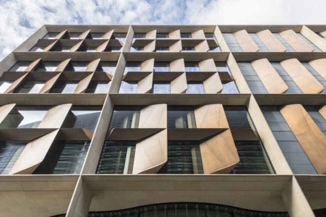 Bloomberg London HQ by Foster + Partners, London Bloomberg office, BREEAM Outstanding architecture, BREEAM Outstanding offices, sandstone and bronze architecture, sustainable office design, world’s most sustainable office