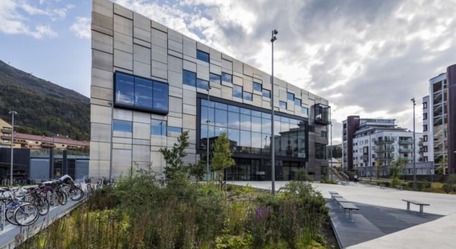 Snohetta, Bergen National Academy of the Arts, aluminium, aluminium façade, green façade, prefab, prefab façade, Bergen Norway, outdoor plaza