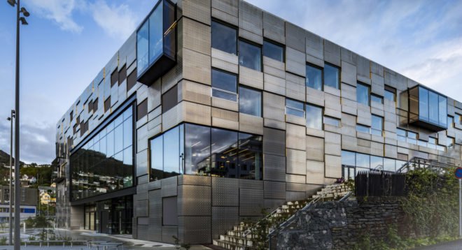 Snohetta, Bergen National Academy of the Arts, aluminium, aluminium façade, green façade, prefab, prefab façade, Bergen Norway, outdoor plaza