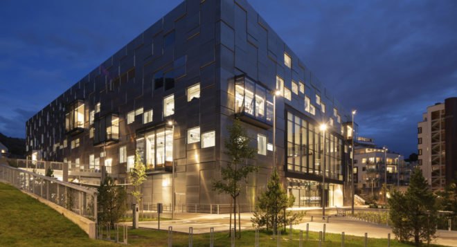 Snohetta, Bergen National Academy of the Arts, aluminium, aluminium façade, green façade, prefab, prefab façade, Bergen Norway, outdoor plaza