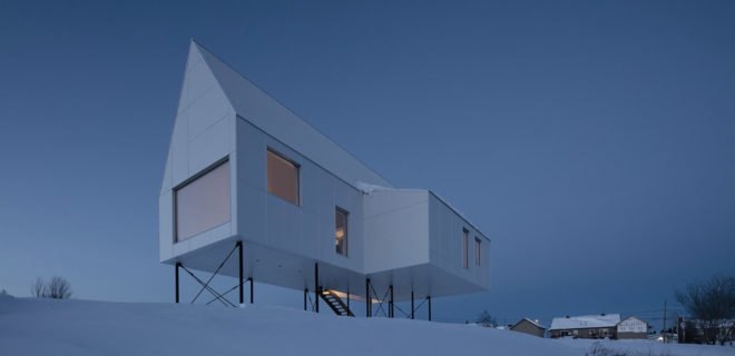 Delordinaire, High House, house on stilts, Quebec, concrete, warming stove, natural light, Canada, steel roof, green architecture, outdoor space
