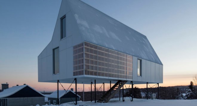 Delordinaire, High House, house on stilts, Quebec, concrete, warming stove, natural light, Canada, steel roof, green architecture, outdoor space