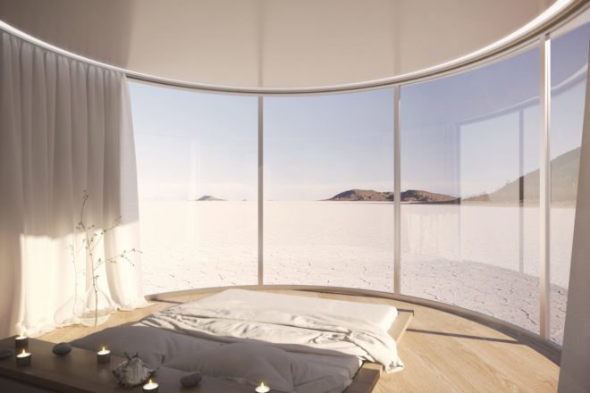 LUMISHELL by Christophe Benichou, LUMICENE glass, LUMISHELL pre-order, LUMISHELL architecture, Christophe Benichou, prefab glamping units, prefabricated architecture for travel, reversible window concept,