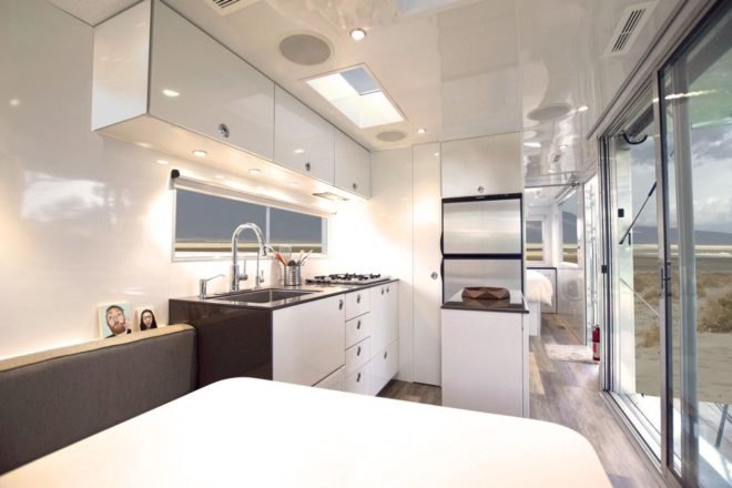 Living Vehicle, HofArc, off grid campers, low impact campers, off grid living, solar powered vehicles, green transportation, green design, green living, aluminum campers, home on wheels, sophisticated living spaces, tiny home living, sustainable materials, green materials, self sustaining trailers