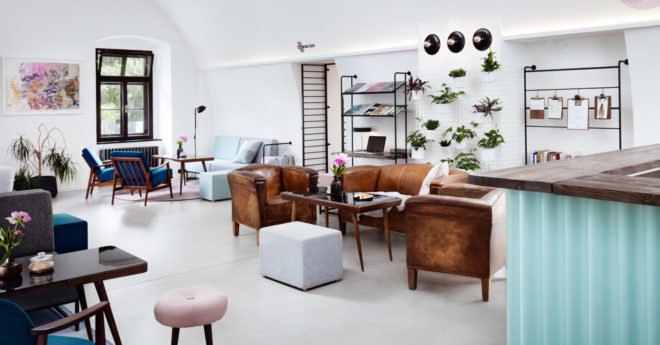 Denisa Strmiskova Studio, Long Story Short Hostel, green renovation, historic building, Czech Republic, modernist furniture, vaulted ceiling, green interior, local craftsmen, natural materials