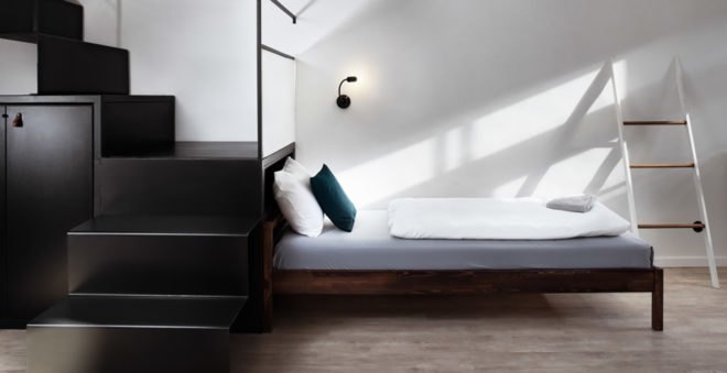 Denisa Strmiskova Studio, Long Story Short Hostel, green renovation, historic building, Czech Republic, modernist furniture, vaulted ceiling, green interior, local craftsmen, natural materials
