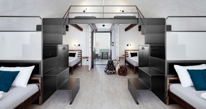 Denisa Strmiskova Studio, Long Story Short Hostel, green renovation, historic building, Czech Republic, modernist furniture, vaulted ceiling, green interior, local craftsmen, natural materials