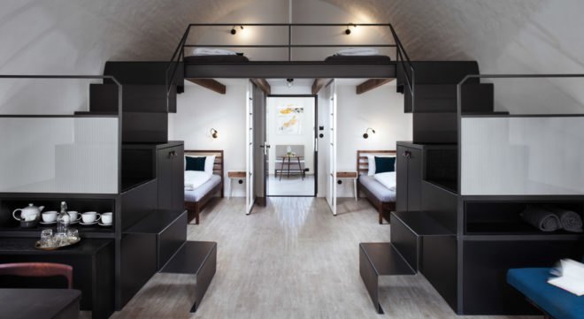 Denisa Strmiskova Studio, Long Story Short Hostel, green renovation, historic building, Czech Republic, modernist furniture, vaulted ceiling, green interior, local craftsmen, natural materials