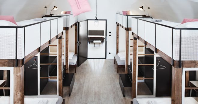 Denisa Strmiskova Studio, Long Story Short Hostel, green renovation, historic building, Czech Republic, modernist furniture, vaulted ceiling, green interior, local craftsmen, natural materials