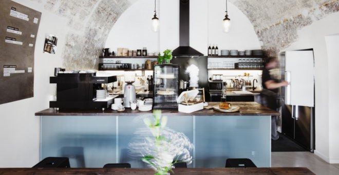 Denisa Strmiskova Studio, Long Story Short Hostel, green renovation, historic building, Czech Republic, modernist furniture, vaulted ceiling, green interior, local craftsmen, natural materials