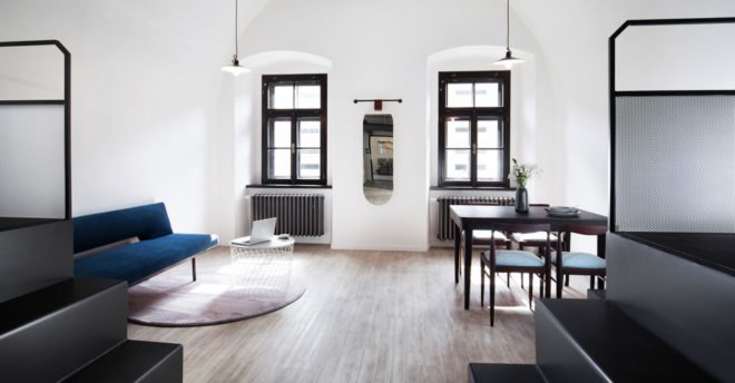 Denisa Strmiskova Studio, Long Story Short Hostel, green renovation, historic building, Czech Republic, modernist furniture, vaulted ceiling, green interior, local craftsmen, natural materials