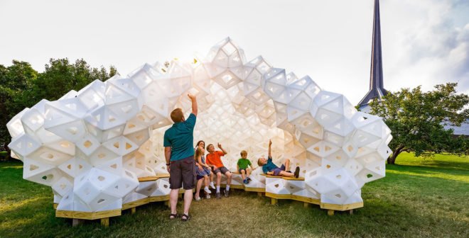 Synergia pavilion, temporary structure, temporary pavilion, origami, IU School of Art, Architectuare + Design, Jiangmei Wu, Eero Saarinen, lightweight structure, recycled plastic, green architecture, biomimetic design, LED lights