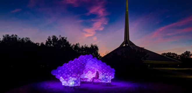 Synergia pavilion, temporary structure, temporary pavilion, origami, IU School of Art, Architectuare + Design, Jiangmei Wu, Eero Saarinen, lightweight structure, recycled plastic, green architecture, biomimetic design, LED lights
