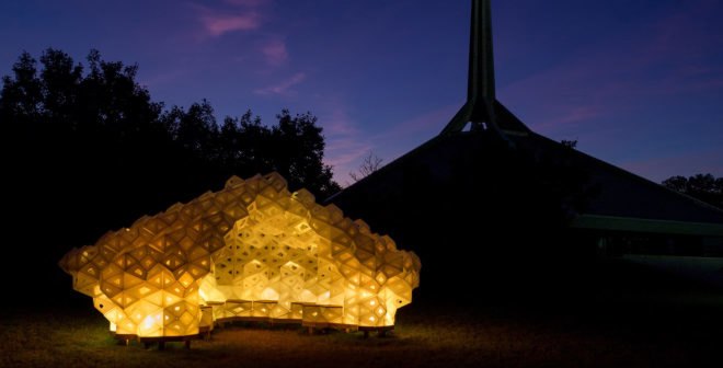Synergia pavilion, temporary structure, temporary pavilion, origami, IU School of Art, Architectuare + Design, Jiangmei Wu, Eero Saarinen, lightweight structure, recycled plastic, green architecture, biomimetic design, LED lights