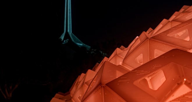 Synergia pavilion, temporary structure, temporary pavilion, origami, IU School of Art, Architectuare + Design, Jiangmei Wu, Eero Saarinen, lightweight structure, recycled plastic, green architecture, biomimetic design, LED lights