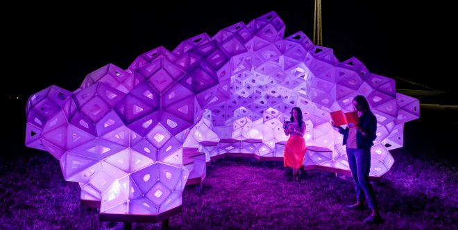 Synergia pavilion, temporary structure, temporary pavilion, origami, IU School of Art, Architectuare + Design, Jiangmei Wu, Eero Saarinen, lightweight structure, recycled plastic, green architecture, biomimetic design, LED lights