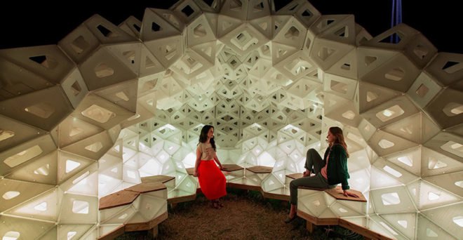 Synergia pavilion, temporary structure, temporary pavilion, origami, IU School of Art, Architectuare + Design, Jiangmei Wu, Eero Saarinen, lightweight structure, recycled plastic, green architecture, biomimetic design, LED lights