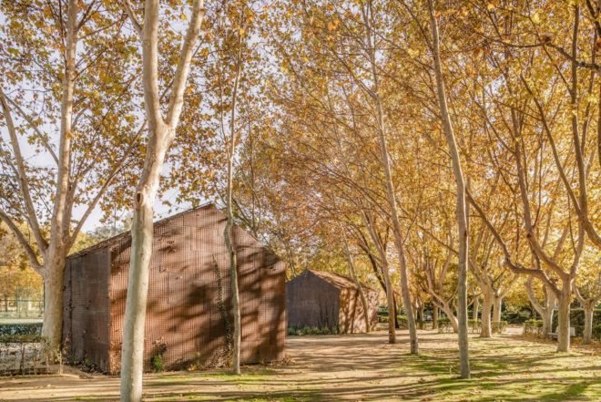 Tennis & Padel school office by BETA.o architecture office, BETA.ø architecture office, prefab office, prefabricated steel architecture, Madrid contemporary office architecture, pine plywood paneling, minimal site impact office design
