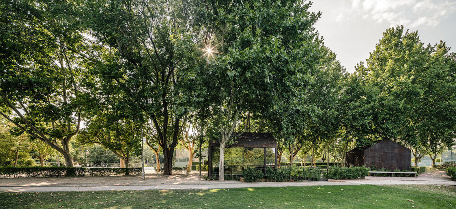 Tennis & Padel school office by BETA.o architecture office, BETA.ø architecture office, prefab office, prefabricated steel architecture, Madrid contemporary office architecture, pine plywood paneling, minimal site impact office design