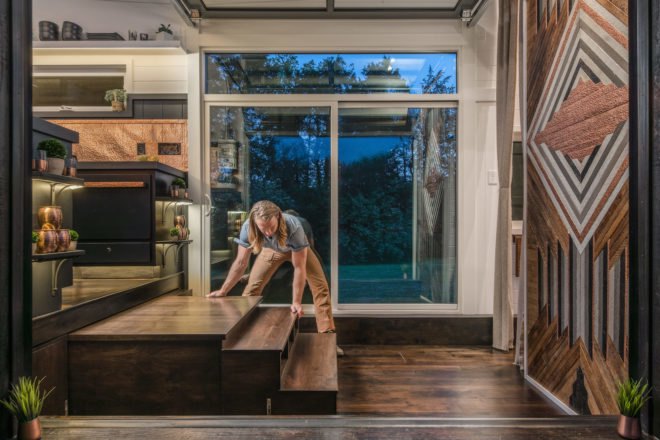 Escher by New Frontier Tiny Homes, New Frontier Tiny Homes, Escher Tiny House, luxurious tiny homes, expensive tiny homes, custom tiny home builds, space saving design tiny homes, space saving design in the home, off grid ready tiny houses