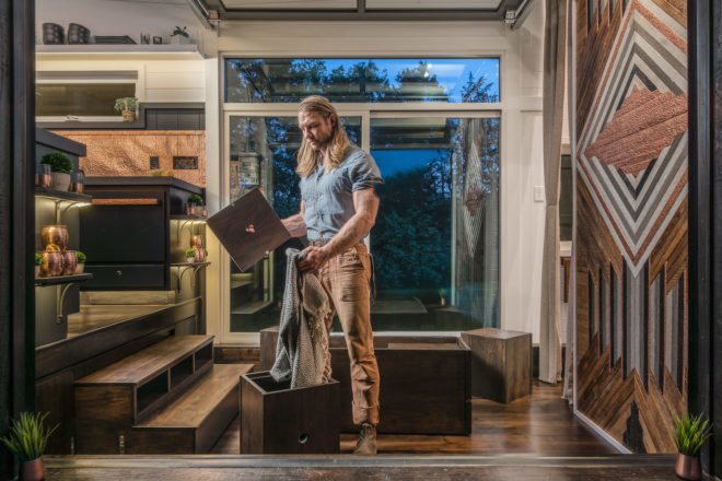 Escher by New Frontier Tiny Homes, New Frontier Tiny Homes, Escher Tiny House, luxurious tiny homes, expensive tiny homes, custom tiny home builds, space saving design tiny homes, space saving design in the home, off grid ready tiny houses