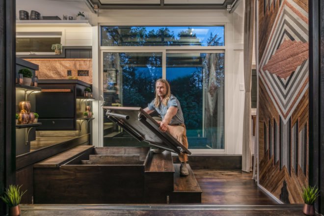 Escher by New Frontier Tiny Homes, New Frontier Tiny Homes, Escher Tiny House, luxurious tiny homes, expensive tiny homes, custom tiny home builds, space saving design tiny homes, space saving design in the home, off grid ready tiny houses