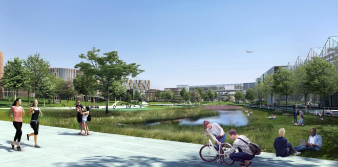 Triango business park, business park in Paris, RAU Architects, SeARCH, karres + brands, circular economy, public spaces, incubators, modular office space, green atrium design, greenhouse