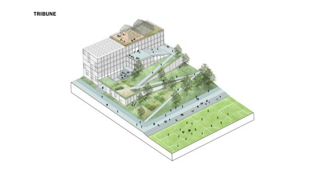 Triango business park, business park in Paris, RAU Architects, SeARCH, karres + brands, circular economy, public spaces, incubators, modular office space, green atrium design, greenhouse