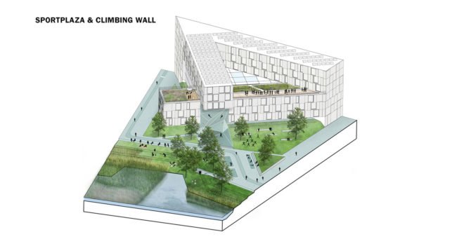 Triango business park, business park in Paris, RAU Architects, SeARCH, karres + brands, circular economy, public spaces, incubators, modular office space, green atrium design, greenhouse