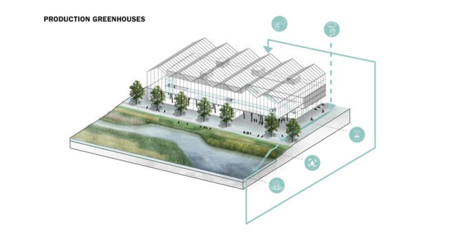Triango business park, business park in Paris, RAU Architects, SeARCH, karres + brands, circular economy, public spaces, incubators, modular office space, green atrium design, greenhouse