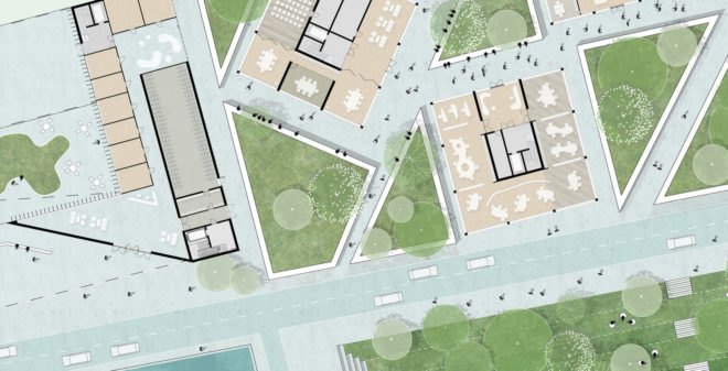 Triango business park, business park in Paris, RAU Architects, SeARCH, karres + brands, circular economy, public spaces, incubators, modular office space, green atrium design, greenhouse