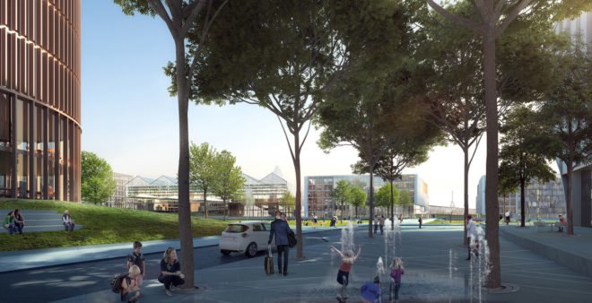 Triango business park, business park in Paris, RAU Architects, SeARCH, karres + brands, circular economy, public spaces, incubators, modular office space, green atrium design, greenhouse