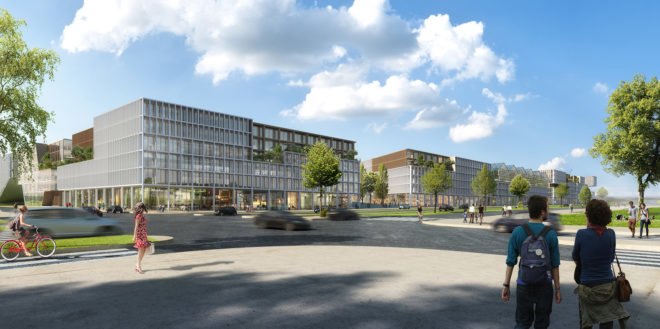 Triango business park, business park in Paris, RAU Architects, SeARCH, karres + brands, circular economy, public spaces, incubators, modular office space, green atrium design, greenhouse