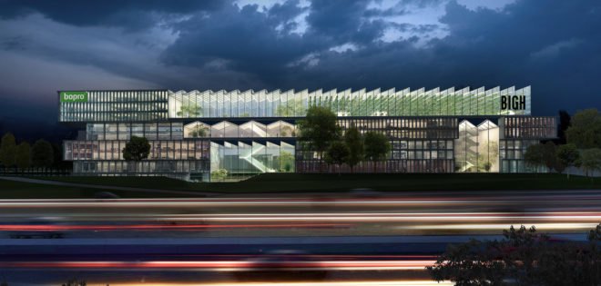 Triango business park, business park in Paris, RAU Architects, SeARCH, karres + brands, circular economy, public spaces, incubators, modular office space, green atrium design, greenhouse
