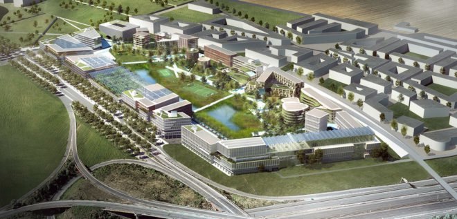 Triango business park, business park in Paris, RAU Architects, SeARCH, karres + brands, circular economy, public spaces, incubators, modular office space, green atrium design, greenhouse