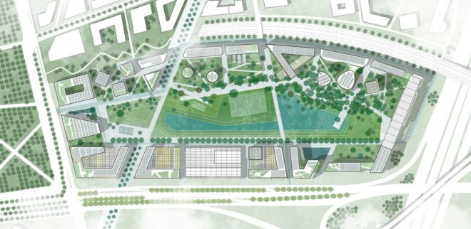 Triango business park, business park in Paris, RAU Architects, SeARCH, karres + brands, circular economy, public spaces, incubators, modular office space, green atrium design, greenhouse