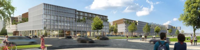 Triango business park, business park in Paris, RAU Architects, SeARCH, karres + brands, circular economy, public spaces, incubators, modular office space, green atrium design, greenhouse