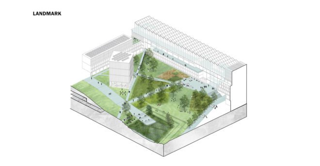 Triango business park, business park in Paris, RAU Architects, SeARCH, karres + brands, circular economy, public spaces, incubators, modular office space, green atrium design, greenhouse