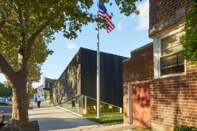 Kew Gardens Hill Library by Work Architecture Company, Kew Gardens Hill Library, Kew Gardens Hill Library Queens, green-roofed library, Queens green roof NYC, glass fiber reinforced concrete facade,