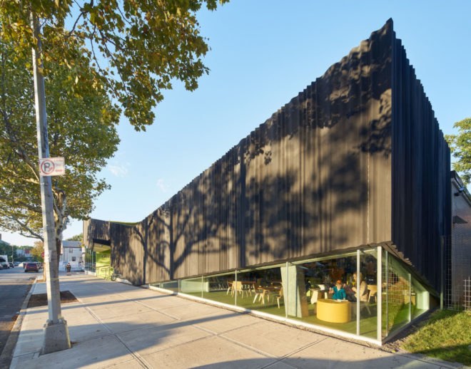 Kew Gardens Hill Library by Work Architecture Company, Kew Gardens Hill Library, Kew Gardens Hill Library Queens, green-roofed library, Queens green roof NYC, glass fiber reinforced concrete facade,