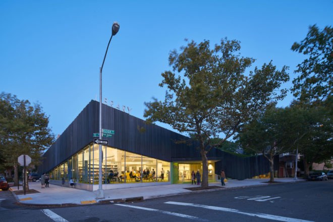 Kew Gardens Hill Library by Work Architecture Company, Kew Gardens Hill Library, Kew Gardens Hill Library Queens, green-roofed library, Queens green roof NYC, glass fiber reinforced concrete facade,