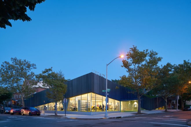 Kew Gardens Hill Library by Work Architecture Company, Kew Gardens Hill Library, Kew Gardens Hill Library Queens, green-roofed library, Queens green roof NYC, glass fiber reinforced concrete facade,