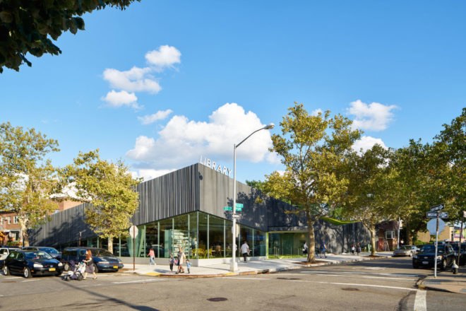 Kew Gardens Hill Library by Work Architecture Company, Kew Gardens Hill Library, Kew Gardens Hill Library Queens, green-roofed library, Queens green roof NYC, glass fiber reinforced concrete facade,